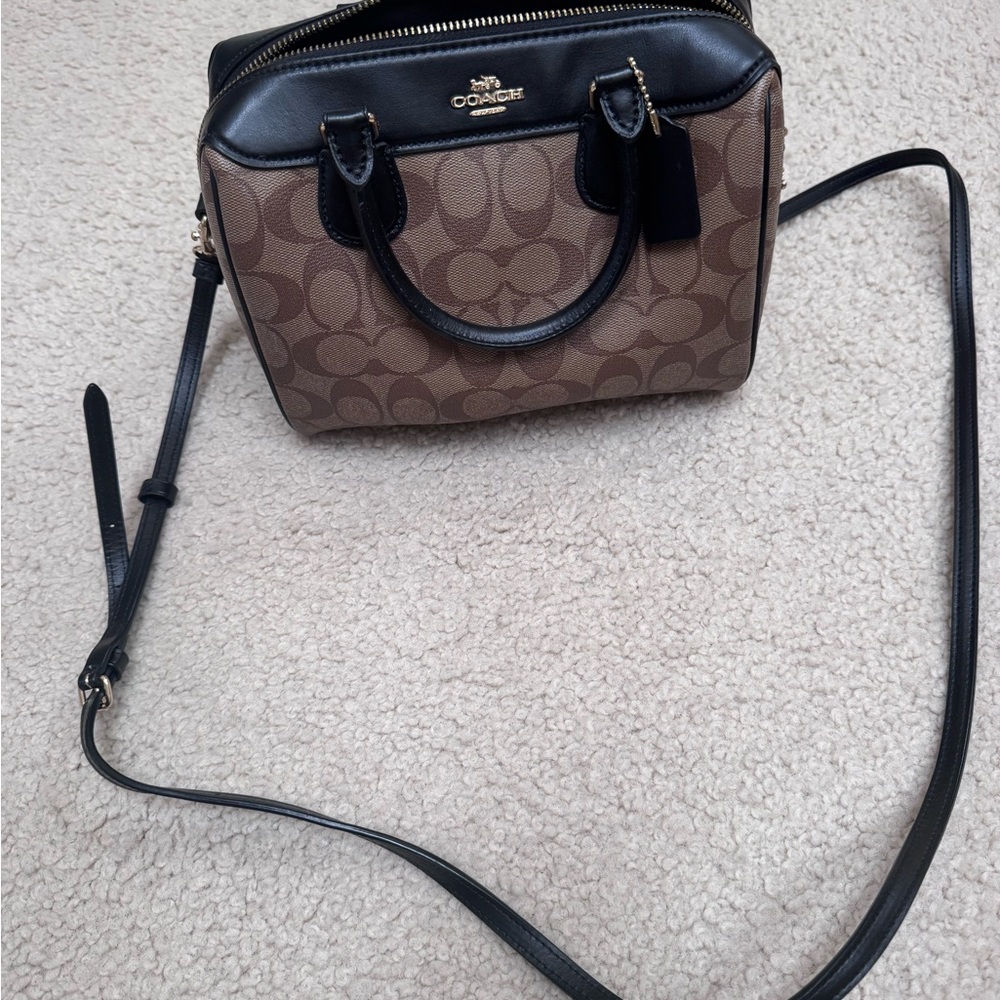 Coach Brown Signature Crossbody Satchel with Black Trim